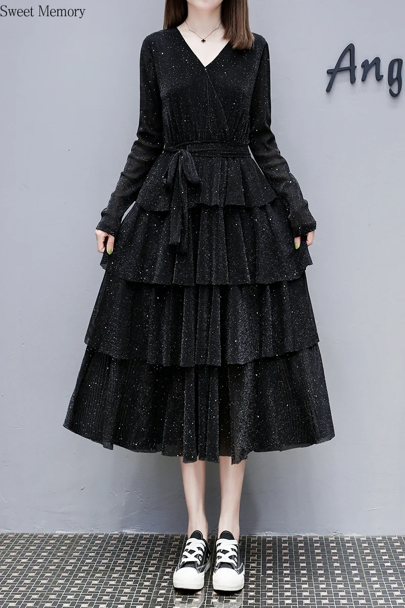 

N2068 Sweet Memory 2021 Wholesale Women Black Tea-Length Tiered Cocktail Dresses Vestidos With Long Sleeve