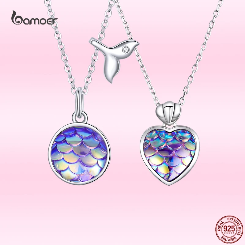 

Bamoer Fashion Fish Scale Heart Necklace for Women 925 Sterling Silver Purple Pendant Necklace Fine Anniversary Jewelry Gifts