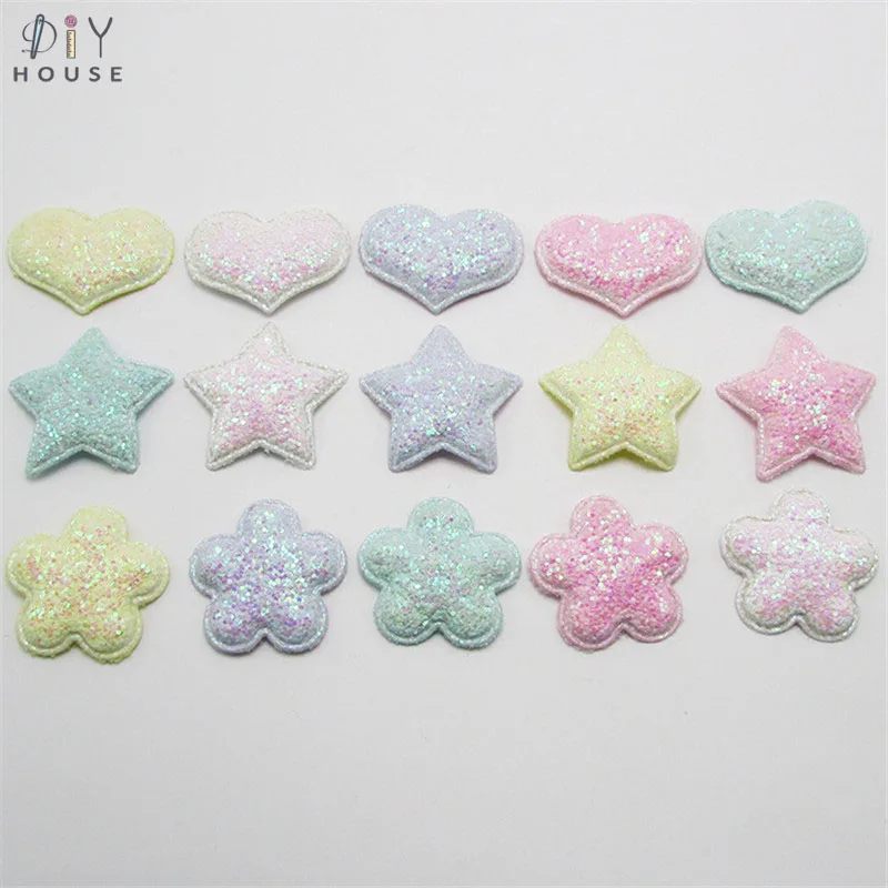 10-50Pcs Glitter Sequin Stars/Heart Padded Patches Appliqued DIY Craft Supplies Kids Hair Pin Accessories Material Embellishment | Дом и сад