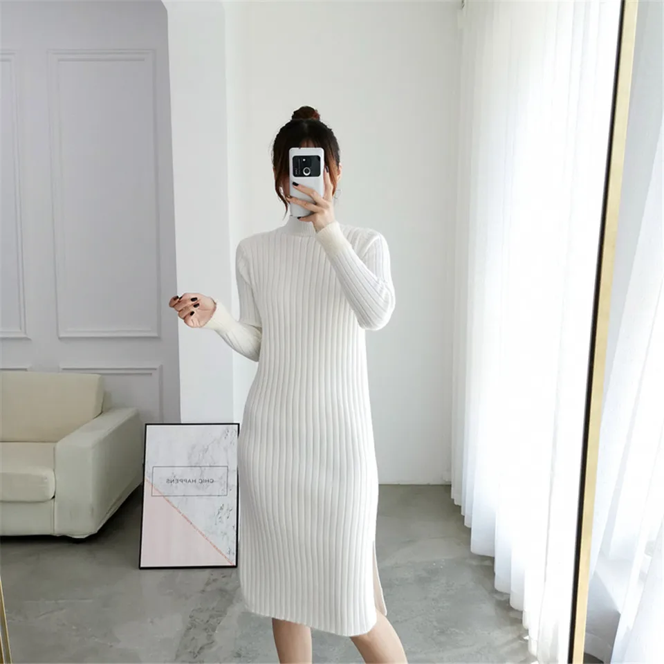 Раздельное однотонное платье с круглым вырезом и длинным рукавом Vestido, милое зимнее трикотажное платье, Осеннее женское элегантное платье, новинка года, модное тонкое мягкое женское платье