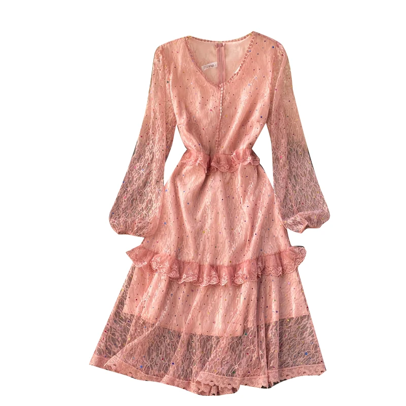 

French Sequin Lace Dress Women Chic V Neck Puff Sleeve A-line Dresses Autumn Korean Fashion Streetwear Midi Dress 2021