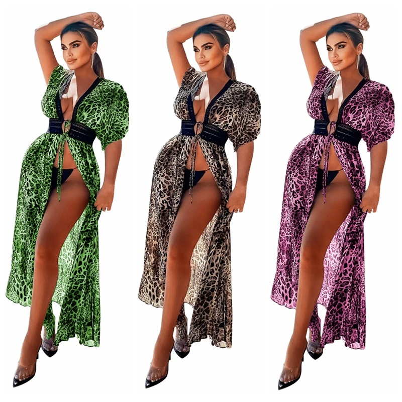 

2021 New Leopard printed Beach Cover up dress Tunic Long Pareos Bikinis Cover ups Swim Cover up Robe Plage Beachwear