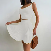 fashion women two piece set solid cropped top pleated skirt set