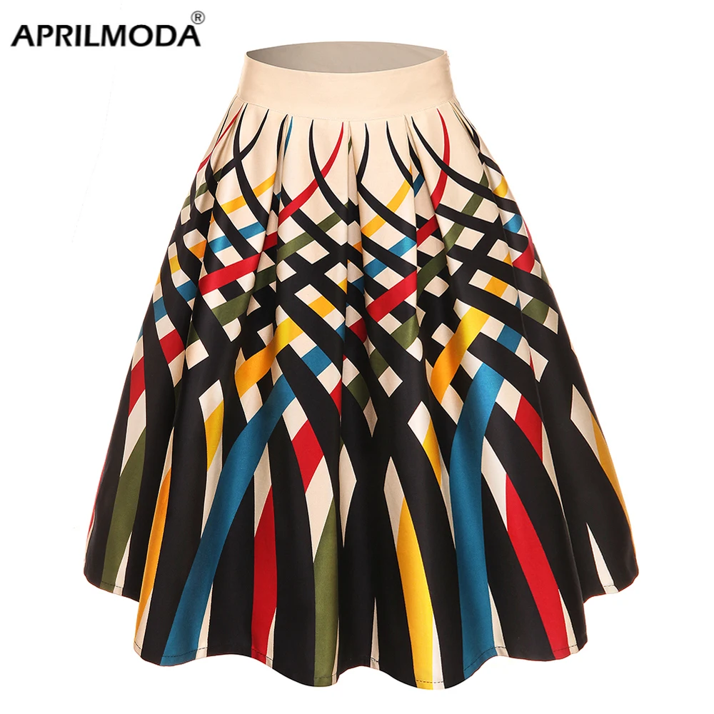 

40s 50s 60s Women Vintage Swing Skirts High Waist Knee Length Costume Midi Skater Rockabilly Pin Up Print Casual Party Clothing