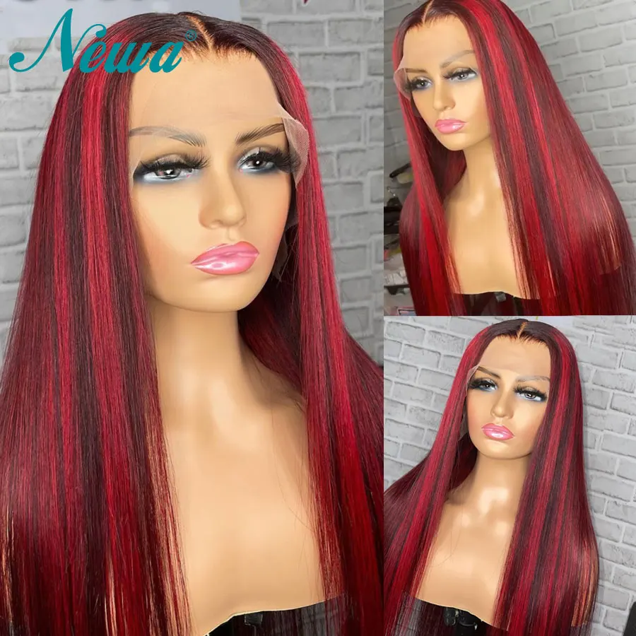 

Newa Hair Straight Lace Front Wig 13x6 Human Hair Lace Frontal Wigs For Women Brazilian Hair Highlight Burgundy Wigs Pre Plucked