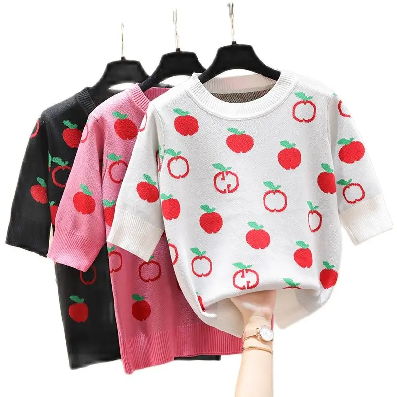

2021 New Cute Cherry Print Sweaters Women O-Neck Short Sleeve Knitted Top Femme Pullover Woman Clothes Tops Casual Sweater Mujer