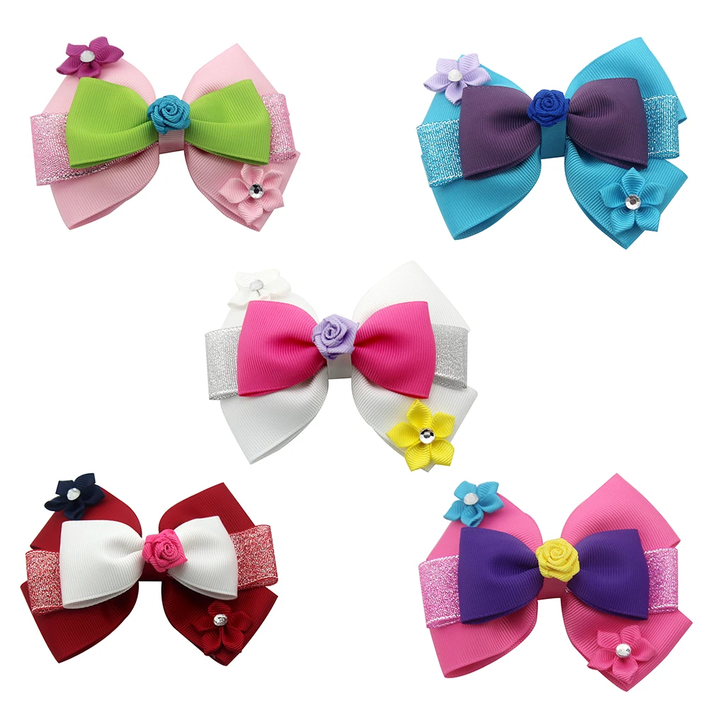 

5 Inch Flowers Grosgrain Ribbon Boutique Bows Cartoon Hair Bow With Hairpins Hair Ornaments Hair Accessories For Kid