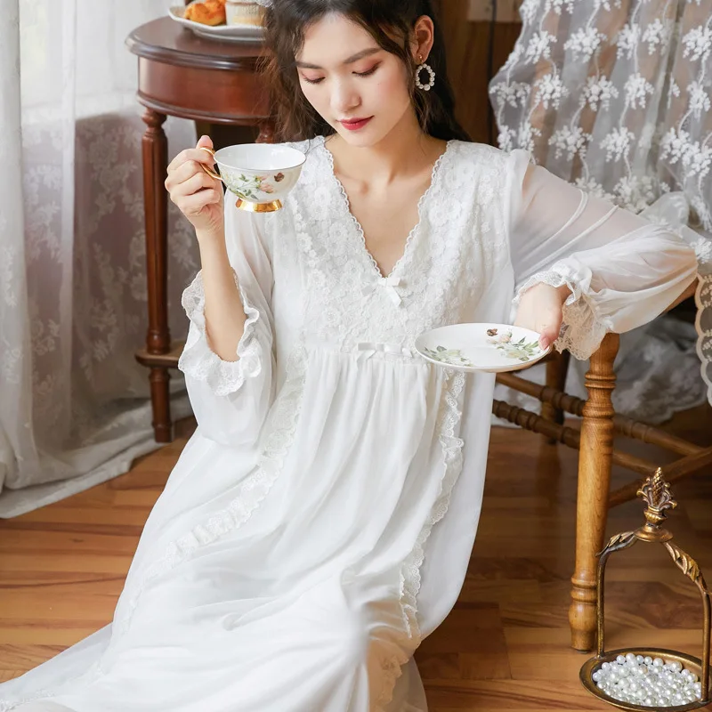 

Long Sleeve Nightdress Women's Spring Modal Cotton Sleepingdress Household Clothes Sweet Lovely Style Net Embroidery Pajamas