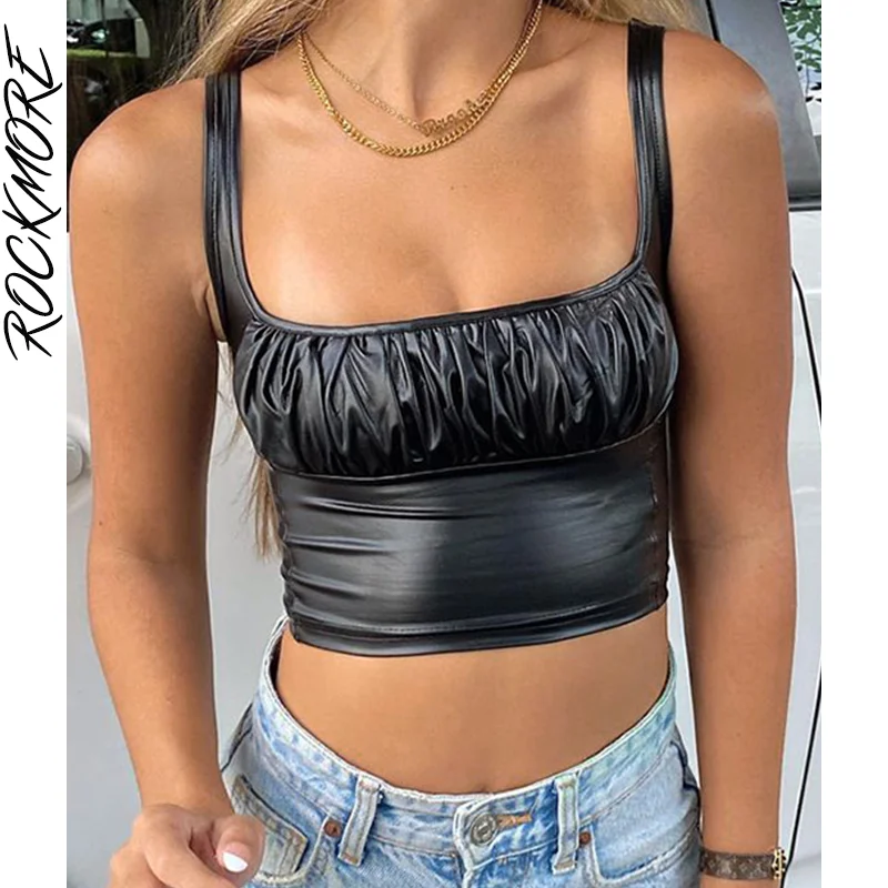 

Rockmore Black Leather Folds Corset Women Sexy PU Camis Y2K Punk Style Crop Tops Gothic Backless Mini Vest Clubwear Clothes 2021
