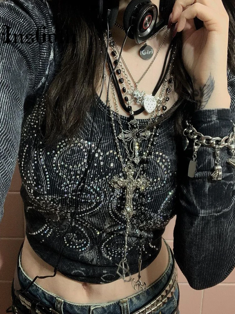 

InsGoth Goth Graphic Print Retro Y2K T ShirtsVintage Harajuku Grunge Fairycore Clothes Aesthetic Rhinestone Print Autumn Tops