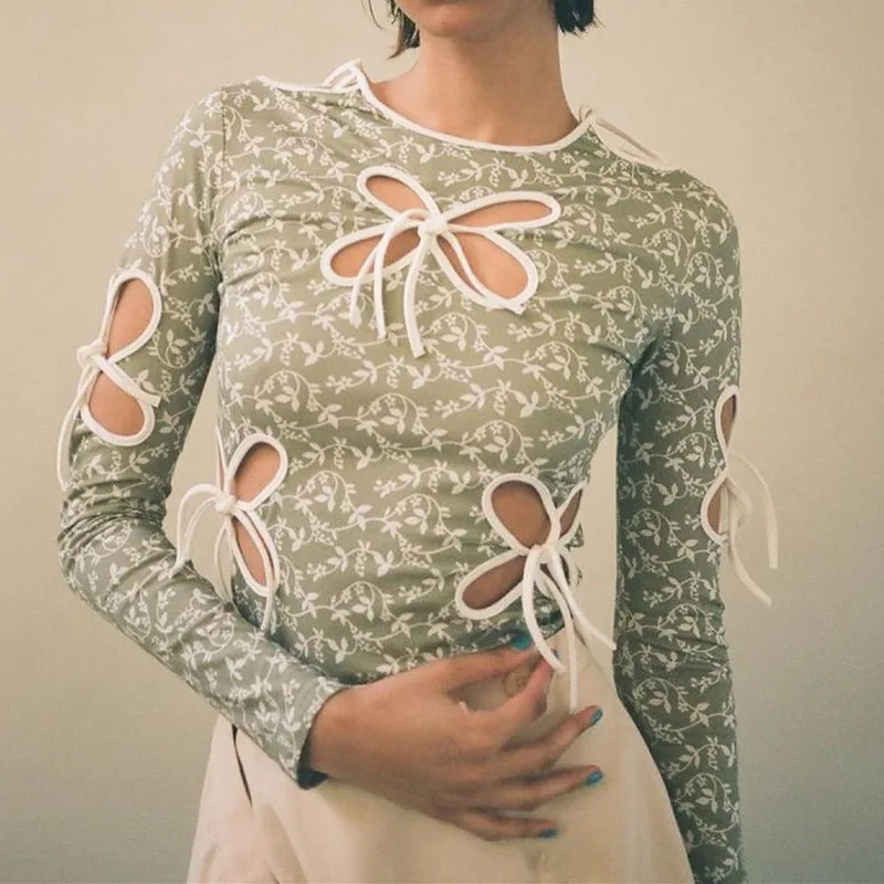 Женские винтажные футболки с цветочным принтом Y2k Ажурные топы Женский бант в