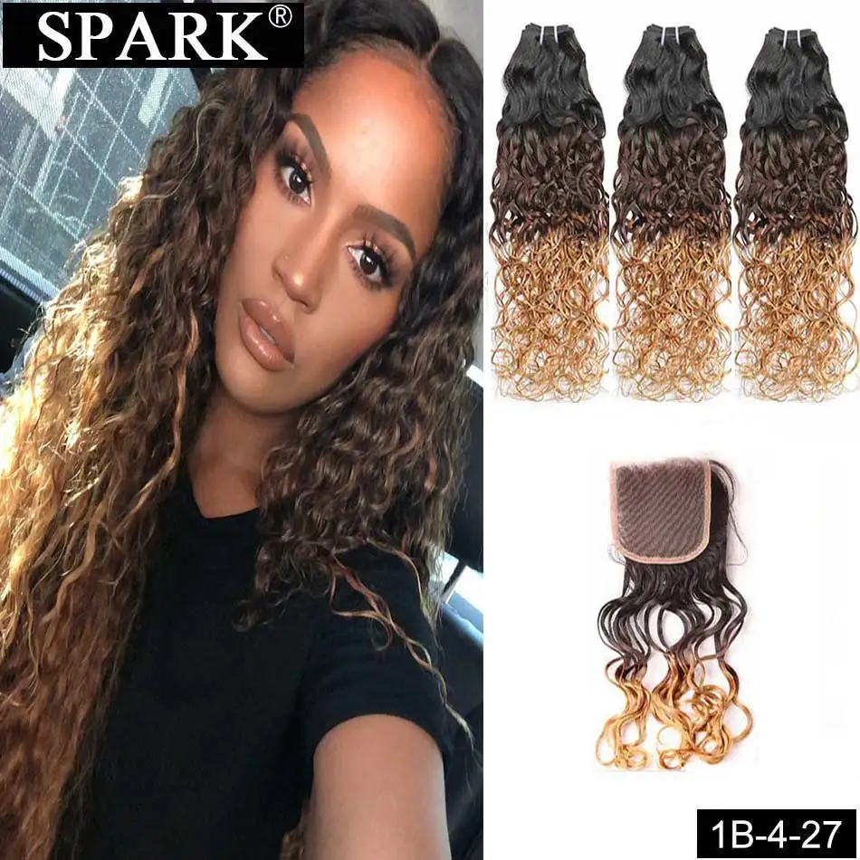 Spark Hair Ombre бразильские волнистые пряди с закрытием человеческие волосы с закрытием Remy человеческие волосы для наращивания средний коэффициент