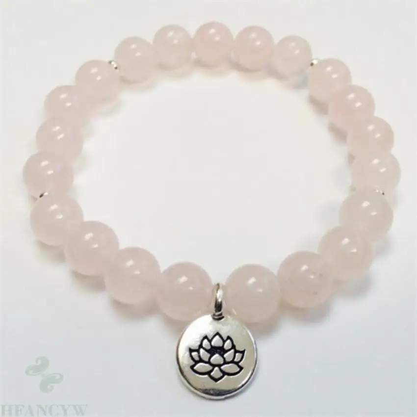 8mm Rose Quartz Gemstone Mala Bracelet Lotus Pendant Healing Yoga Sutra Tibet silver Stretchy Wrist Monk Chakras Energy Lucky