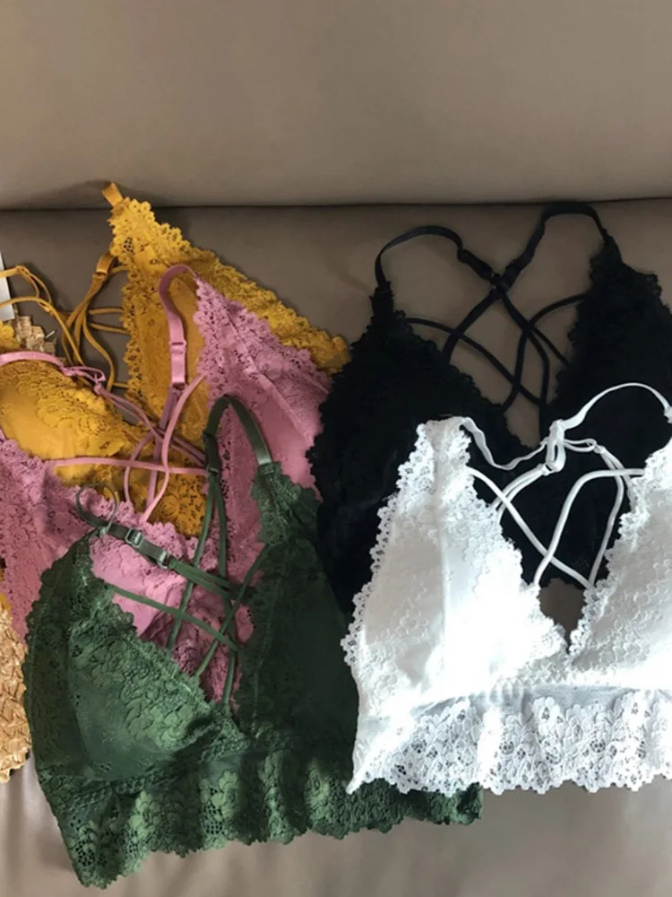 

Women's Plunge Lace Brassiere Wire Free Deep V Bralette Triangle Cup Spandex Strappy Bra Lingerie Underwear 2019 New