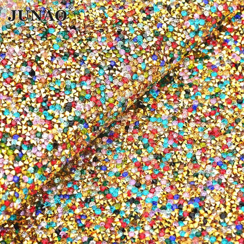 Gold Mix Color JUNAO, 24*40 см, самоклеющиеся стразы, отделка, ткань, лист, Золотой Кристалл, аппликация, железо на прозрачной сетке, полимерные стразы, лента - Цвет: Gold Mix Color