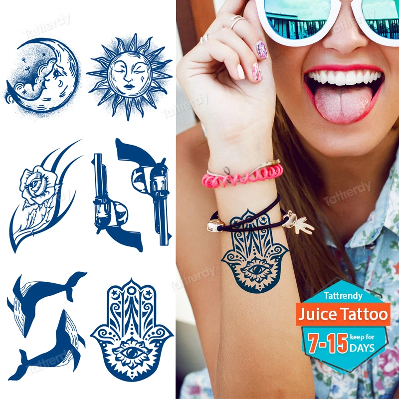 

Juice Lasting Ink Tattoos Body Art Waterproof Temporary Tattoo Sticker Sun Totem Tatoo Arm Fake Wings Angel Whale Tatto Women
