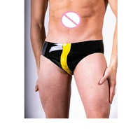 handmade sexy men black with yellow trim latex lingerie shorts rubber underwear panties
