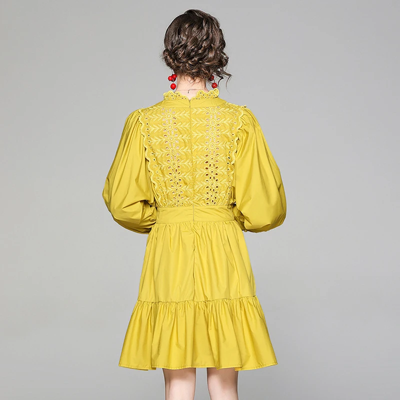 

2021 New Arrivals Fashion Runway Designers Lantern Sleeve Hollow Out Embroidery Cotton Dress Women Robe Elegant Holiday Vestidos