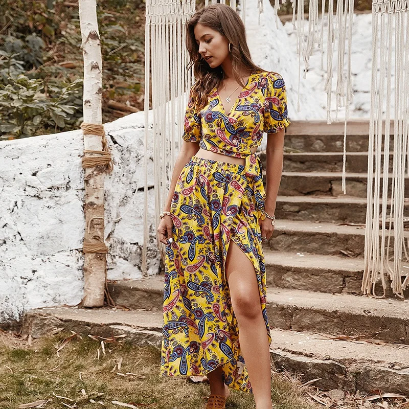 

Women Fashion Bohemian Print Suit Sexy V Neck Short Sleeve Navel Blouse High Split Skirts 2021 Summer Vintage Long Skirt Suits