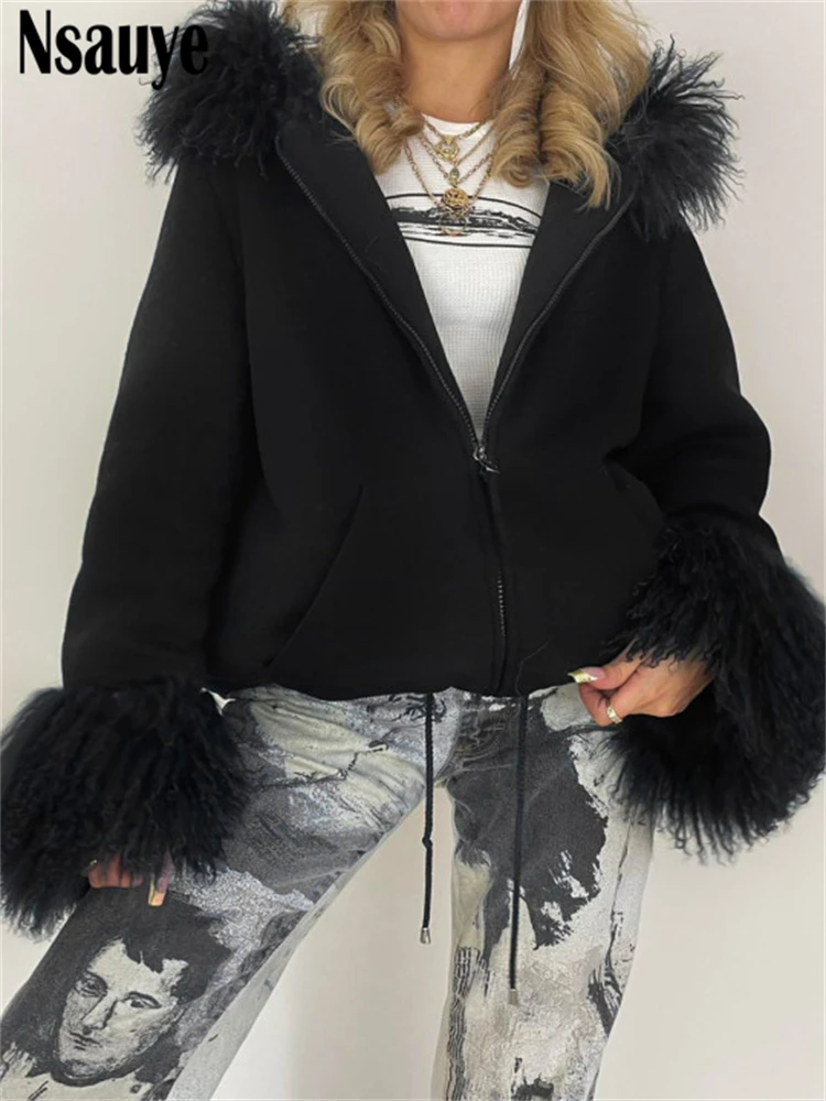 

Nsauye Black Long Sleeve Zipper Oversized Warm Hoodies Sweatshirts Jacket Faux Fur Y2K Autumn Winter 2021 Women Casual Coat Tops