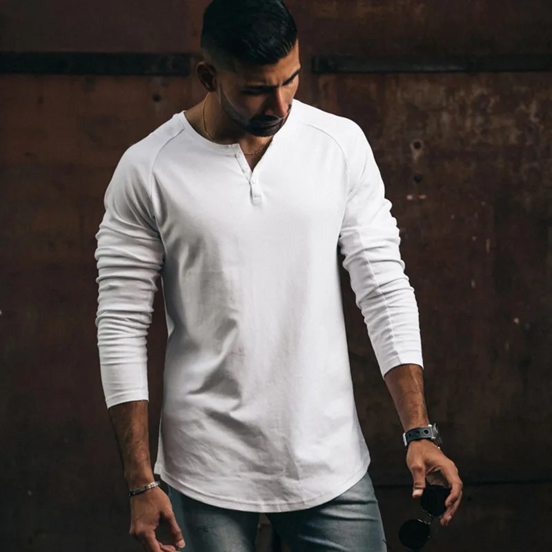 Новая Осенняя Бодибилдинг Модная белая футболка с длинными рукавами мужская