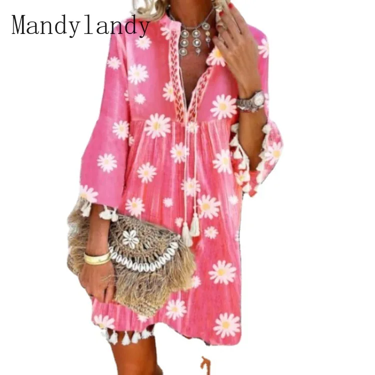 

Mandylandy Spring and Autumn Flared Sleeves Flower Print Stitching Dress Women's Casual V-neck Tassel Stitching Dress