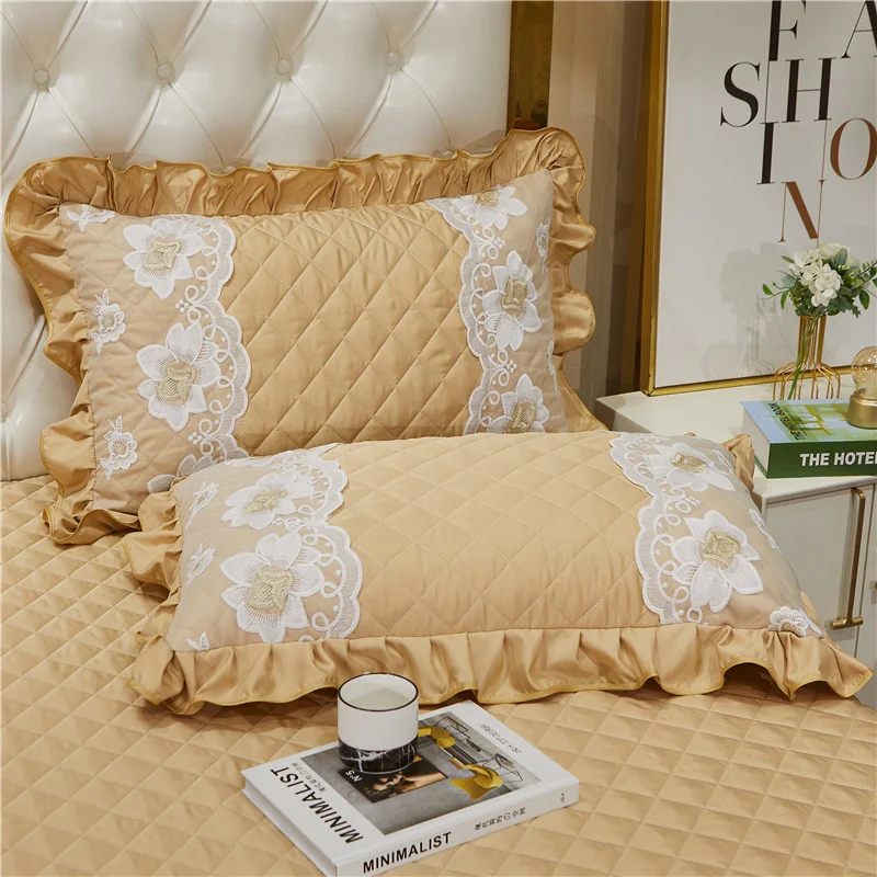 

Home Luxury Bedding Set European Style Beige Lace Embroidered Bedskirt Sheet Bedspread Pillowcases Queen King Size Bed Cover Set
