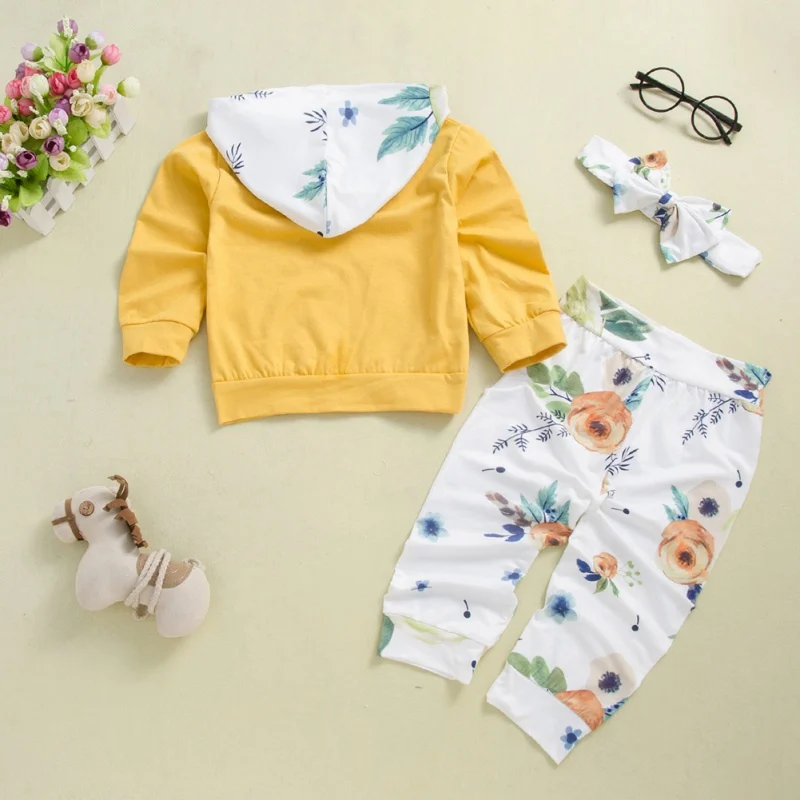 

Autumn Baby Set Girl Boy Floral Print Long Sleeve Hoodie Sweatshirt Blouse Tops+Pants Trouser With Headband Casual Costume6