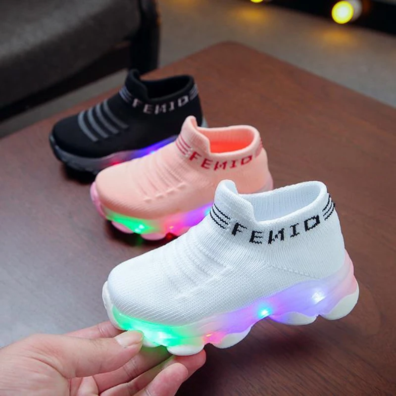 

size 21-30 Kids Sneakers Children Baby Girls Boys Letter Mesh Led Luminous Socks Sport Run Sneakers Shoes Light Up Shoes