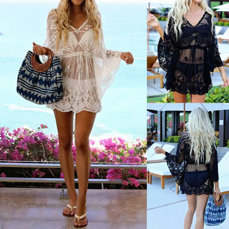 

Sexy Women Summer Bikini Cover-up Mesh Dress Lace Floral Mini Dress Long Sleeve Sheer See-through Long Tops Fishnet Beach Skirt