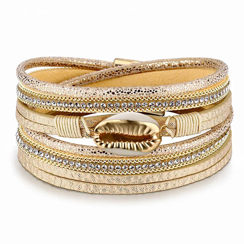 Женский Многослойный кожаный браслет FAMSHIN модный с кристаллами и жемчугом в