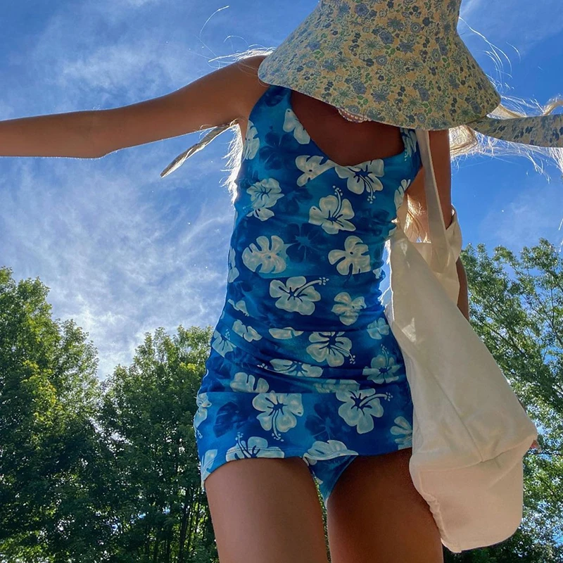 

Blue Floral Print Cute Y2K Mini Dresses Women Beach Vacation Clothes Sleeveless Spaghetti Strap Bodycon Summer Dress