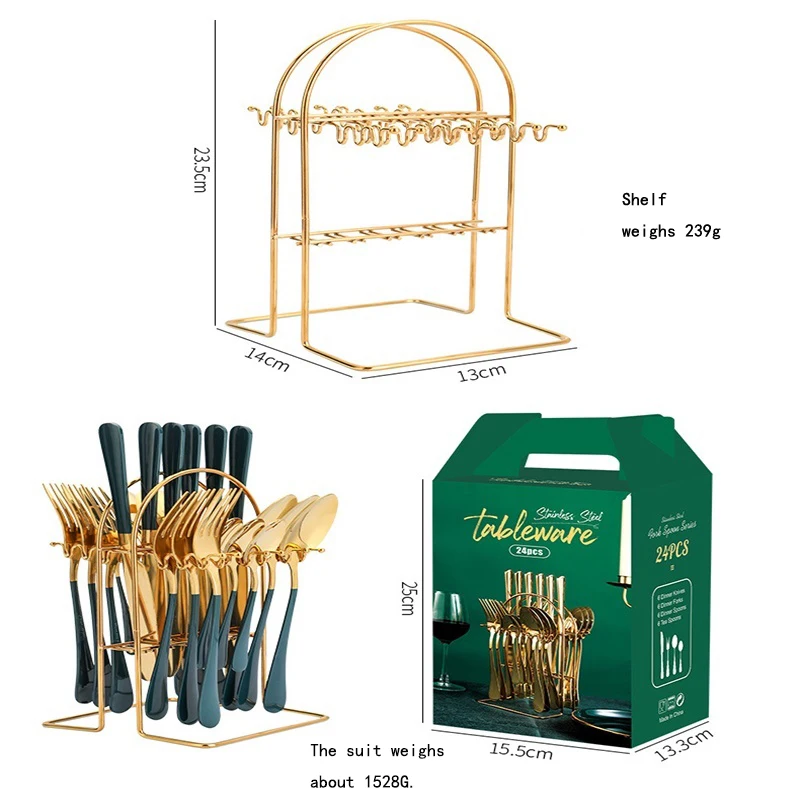 

2021 new stainless steel tableware 24 PIECE SET GOLD PLATED 1010 knife fork spoon storage rack gift box set household knife fork