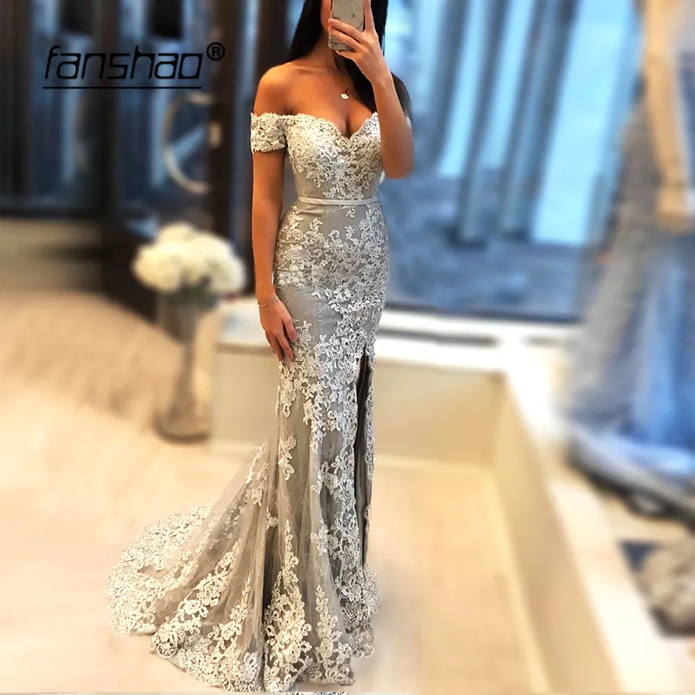 

Silver Muslim Evening Dress Appliques Off the Shoulder Mermaid Slit Illusion Islamic Dubai Saudi Arabic Evening Gown Prom Dress