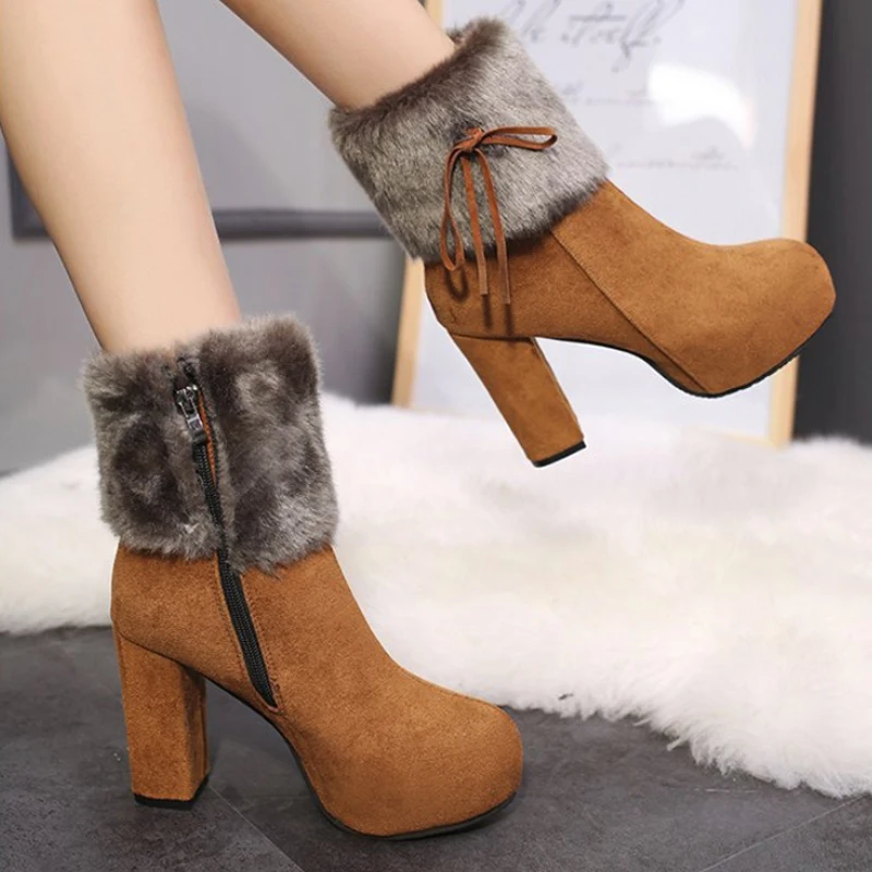 Женские ботильоны на высоком каблуке теплые плюшевые женские зимние ботинки