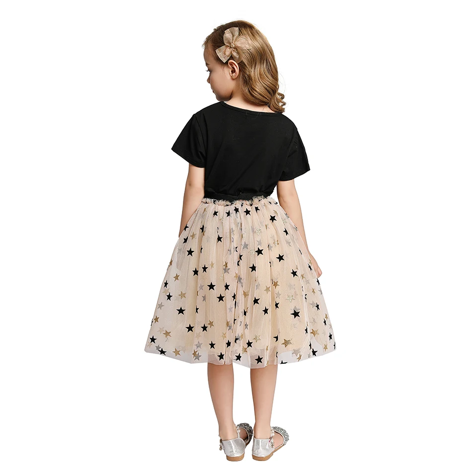 LUCKKIDS Girls Summer T Shirt and Sequined Dress 2Pcs Swan Kid Spring Casual Clothes Suit Tee+Star Tutu Skirt Set