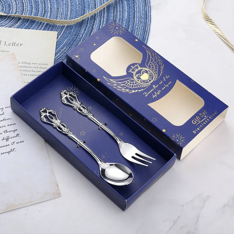 

2PCS Vintage Gold Spoon Fork Cutlery Set Vintage Style Stainless Steel Luxury Mini Small Dessert Teaspoons And Forks For Party