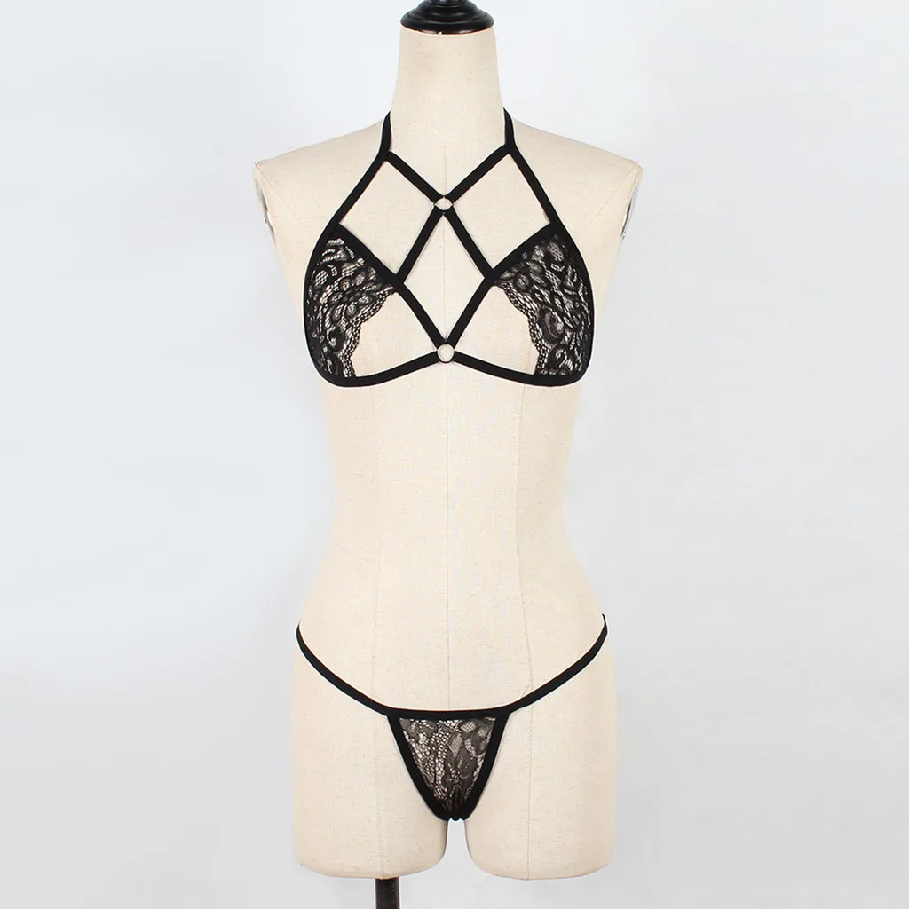 

Sexy See Through Lingerie Women Lace Cage Bra Set String Transparent Bandage Hollow Out Underwear Female Bra And Thong Suits
