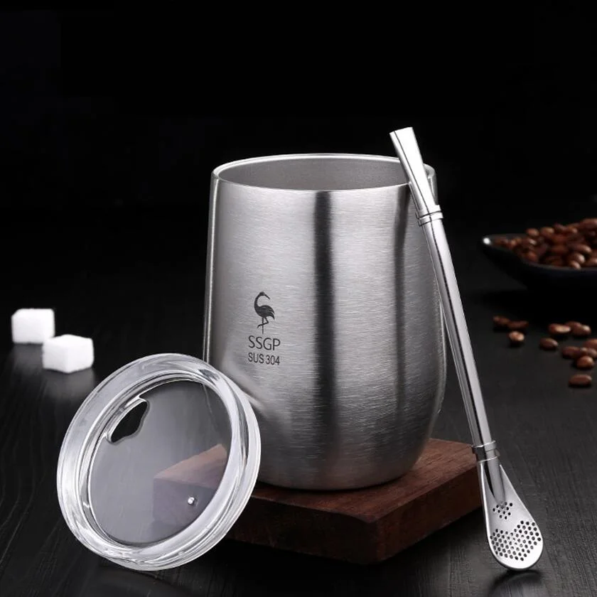 

Double Wall 304 Stainless Steel Cup Tea Mug with Lid Heat Resistant Portable Beer Cup with Spoon Straw 377ml