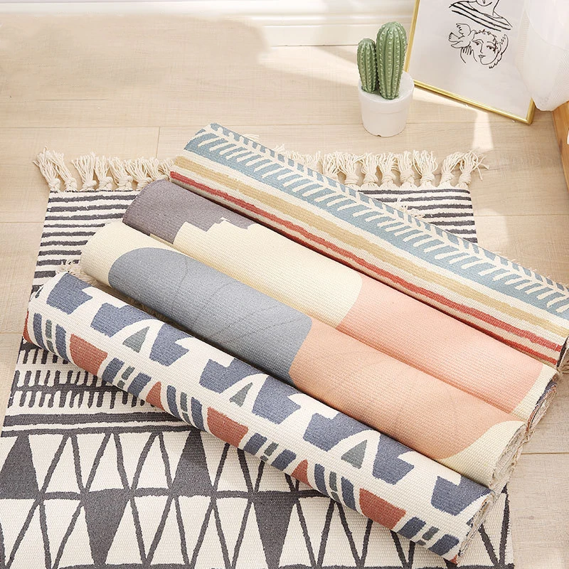 

Retro Bohemian Carpet Tassel Woven Cotton Linen Carpet Rug Bedside Rug Geometric Floor Mat Living Room Bedroom Carpet Home Decor