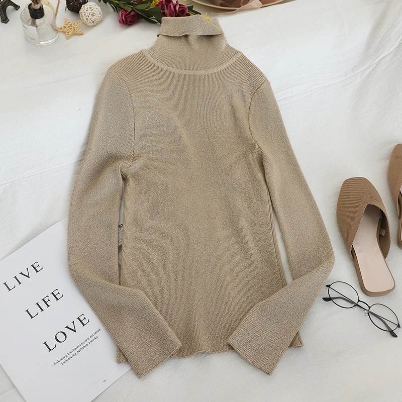 SINGRAIN Блестящий свитер с высоким воротом Женский трикотажный люрексом модные