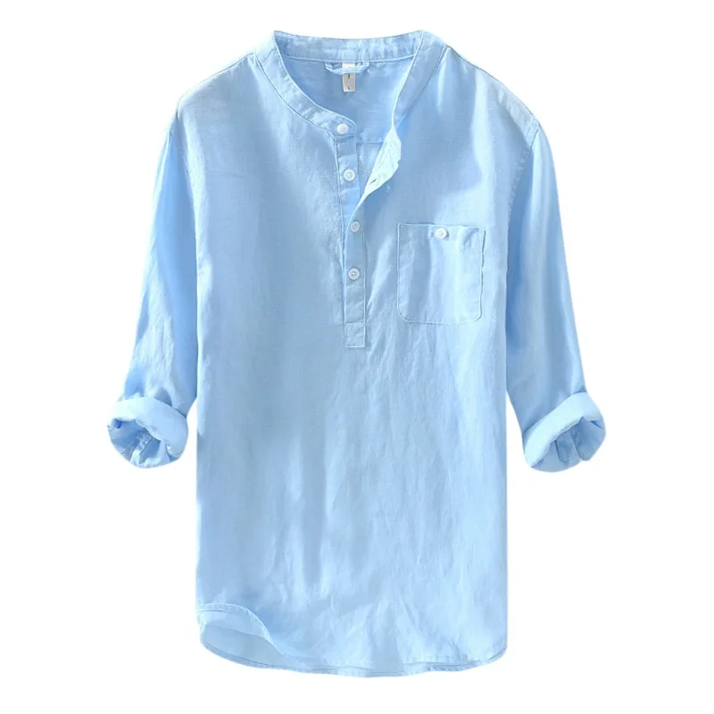 

2021 Men's Cotton and Linen Casual Shirt Men's Long Sleeves Fashion Standing Collar Solid Color Large Size Shirt Mens Shirts