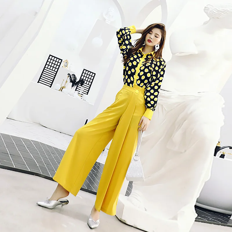 High Quality Women's Set 2020 Summer Fashion Ladies Turn-down Collar Polka Dot Print Tops Shirt +High Waist Split Yellow Pants