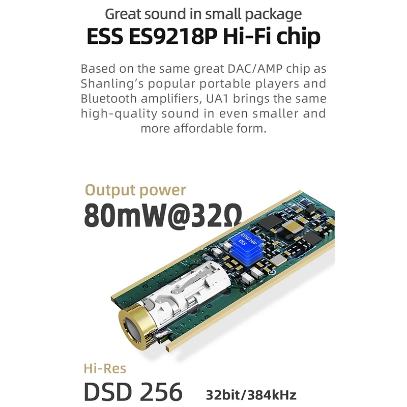 SHANLING UA1 Adapter ESS ES9218P Hi-Fi Chip DSD 256 Hi-Res 32bit/384Khz USB-C DAC/AMP With High-Purity Copper Cable | Электроника