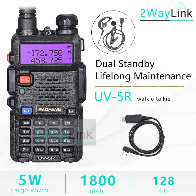 Baofeng UV-5R двухканальные рации двойной дисплей двухдиапазонный Baofeng UV5R портативный 5 Вт UHF VHF двухстороннее радио Pofung UV 5R КВ трансивер - Цвет: Black-Program. Cable