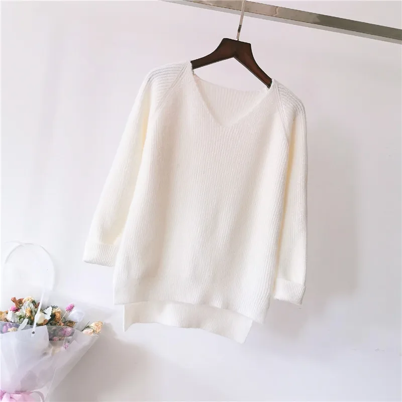 2019 Winter new sweaters solid color V-neck pullover women's full sleeve casual cotton autumn | Женская одежда