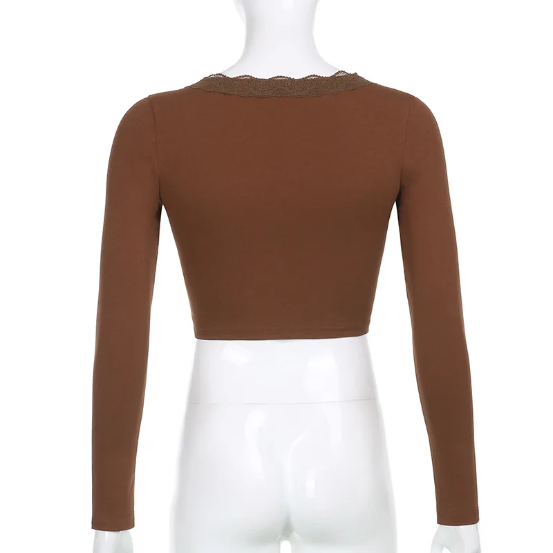 

Y2K Streetwear Criss-Cross Lace Trim Brown T-shirts Vintage V-neck Long Sleeve Crop Tops 90s Aesthetics Outfits Slim Tee