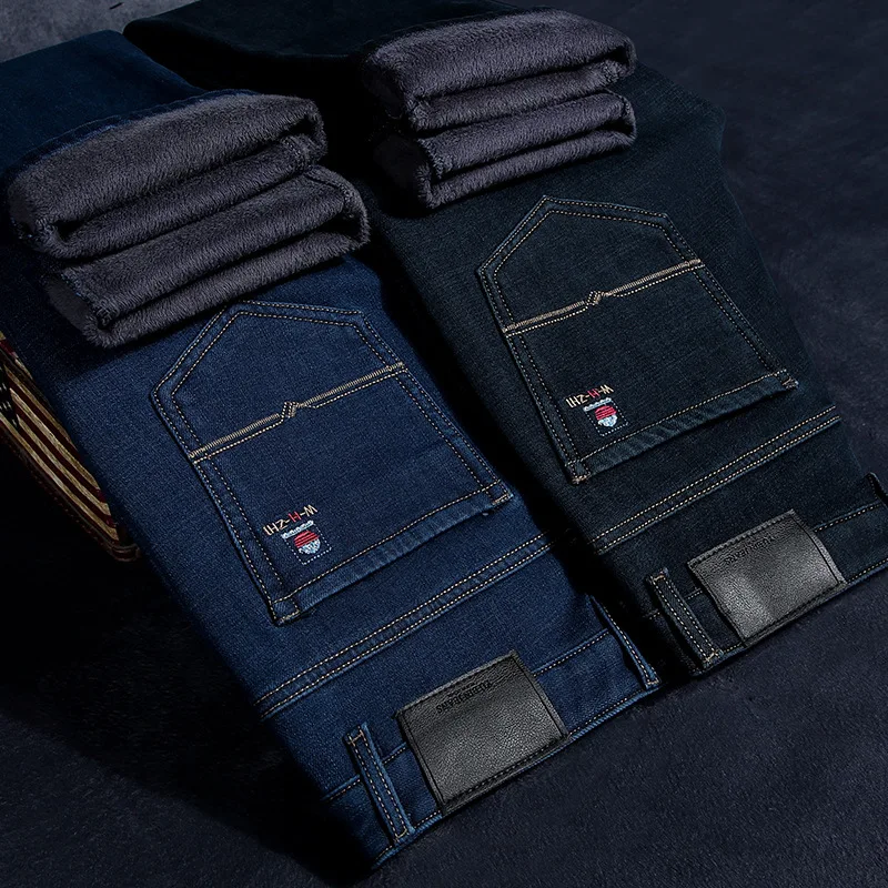

Men Winter Fleece Denim Jeans Smart Casual Straight Fit Jeans Pants High Quality Men Thicker Warm Black Jeans Trousers Size 42