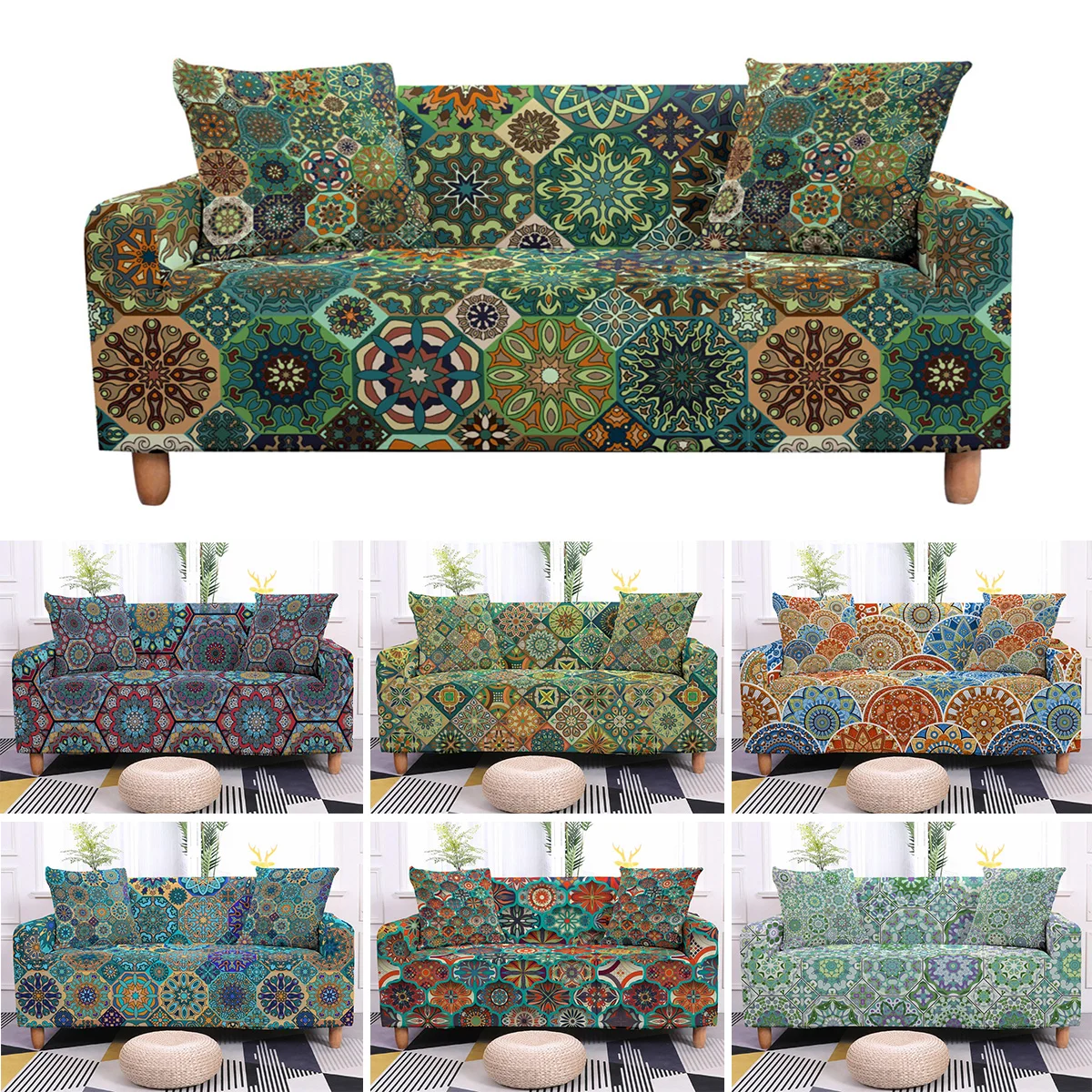 

India Mandala Elastic Sofa Cover Stretch Couch Slipcover Living Room Sectional L-Shape Sofa Furniture Protector 1/2/3/4 Seater