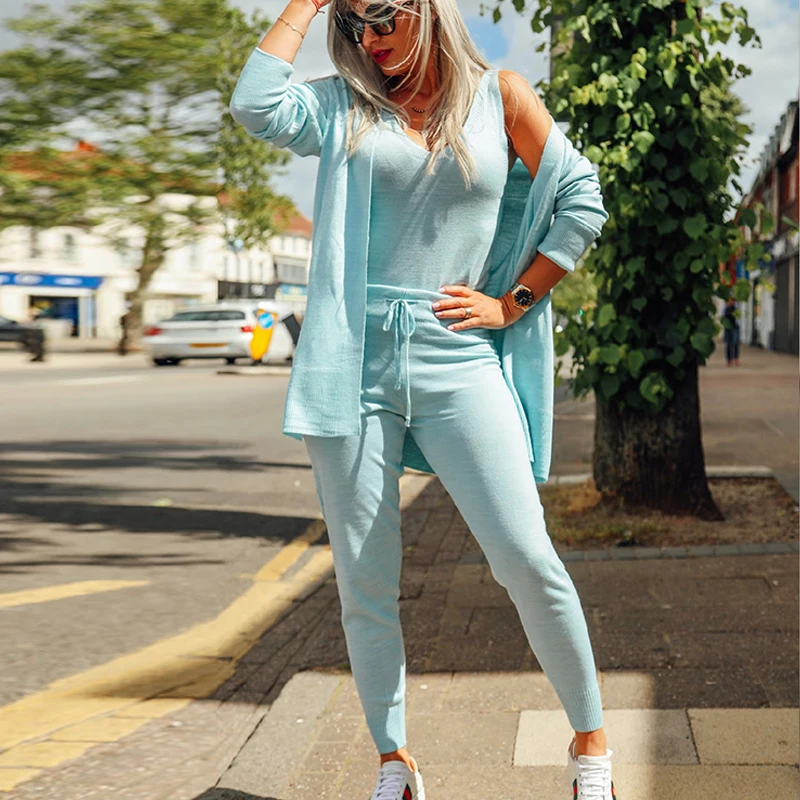 Knitting 3 piece lounge set cardigan women sexy casual solid color ladies knitted tracksuit set new trend 3 pcs lounge wear 2020